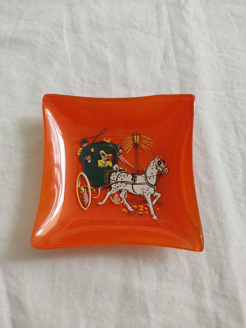 Vintage MCM Orange Glass Horse Carriage Small Ring Dish Catchall